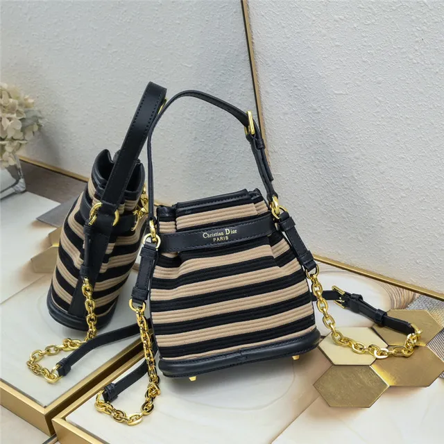 Beige Brown Woven Raffia-Like Texture Leather Trim Bucket Bag 17