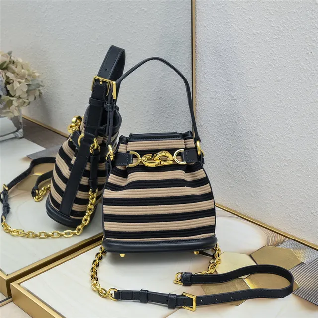 Beige Brown Woven Raffia-Like Texture Leather Trim Bucket Bag 19