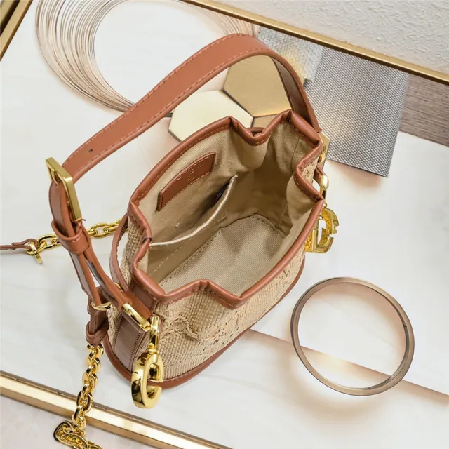Beige Brown Woven Raffia-Like Texture Leather Trim Bucket Bag 21