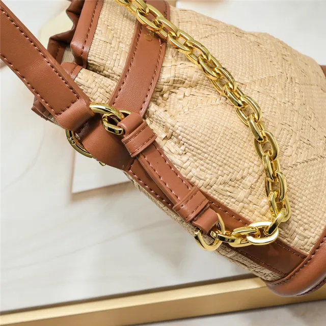 Beige Brown Woven Raffia-Like Texture Leather Trim Bucket Bag 23
