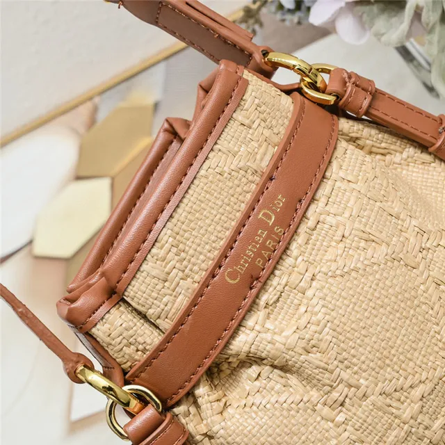 Beige Brown Woven Raffia-Like Texture Leather Trim Bucket Bag 24