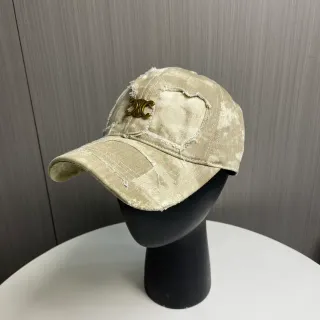 Beige Gold Distressed Denim Frayed Seams Baseball Cap
