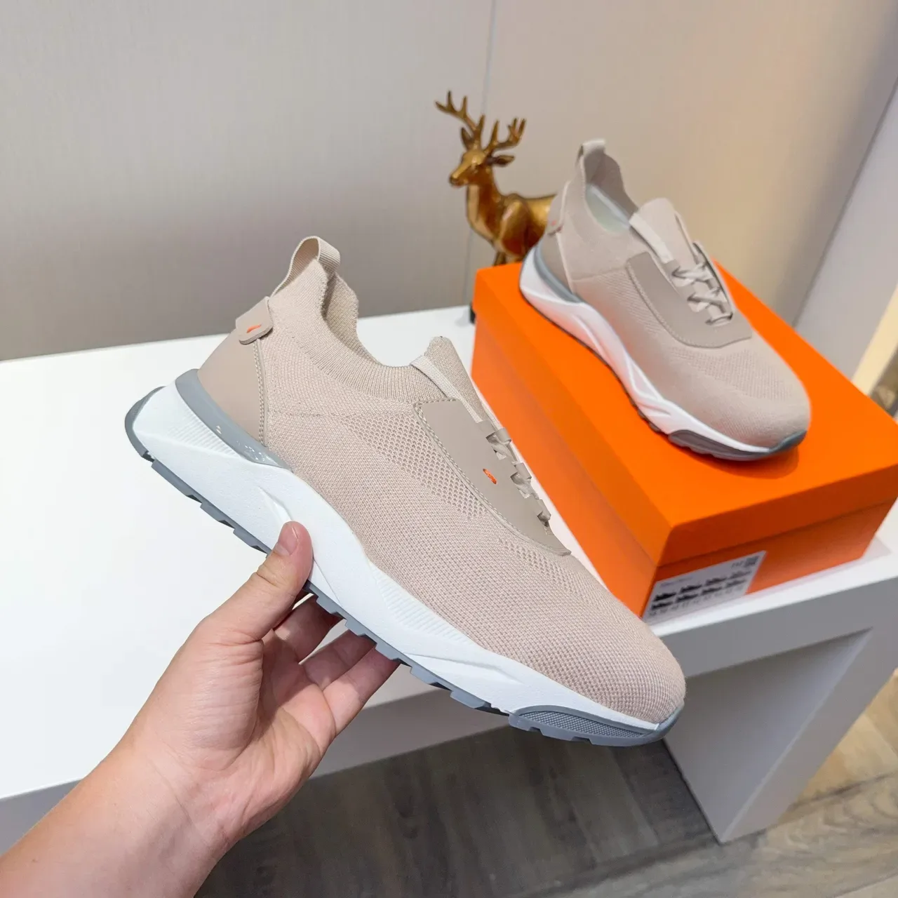 Beige Knit Mesh Slip-On Lace Cover Sneakers 4