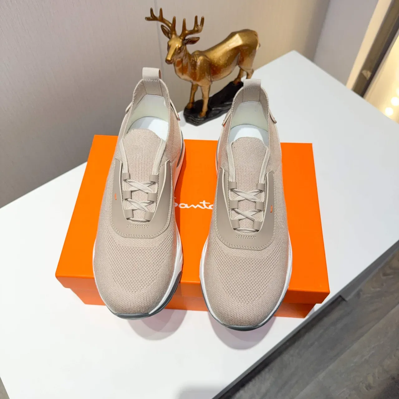 Beige Knit Mesh Slip-On Lace Cover Sneakers 5