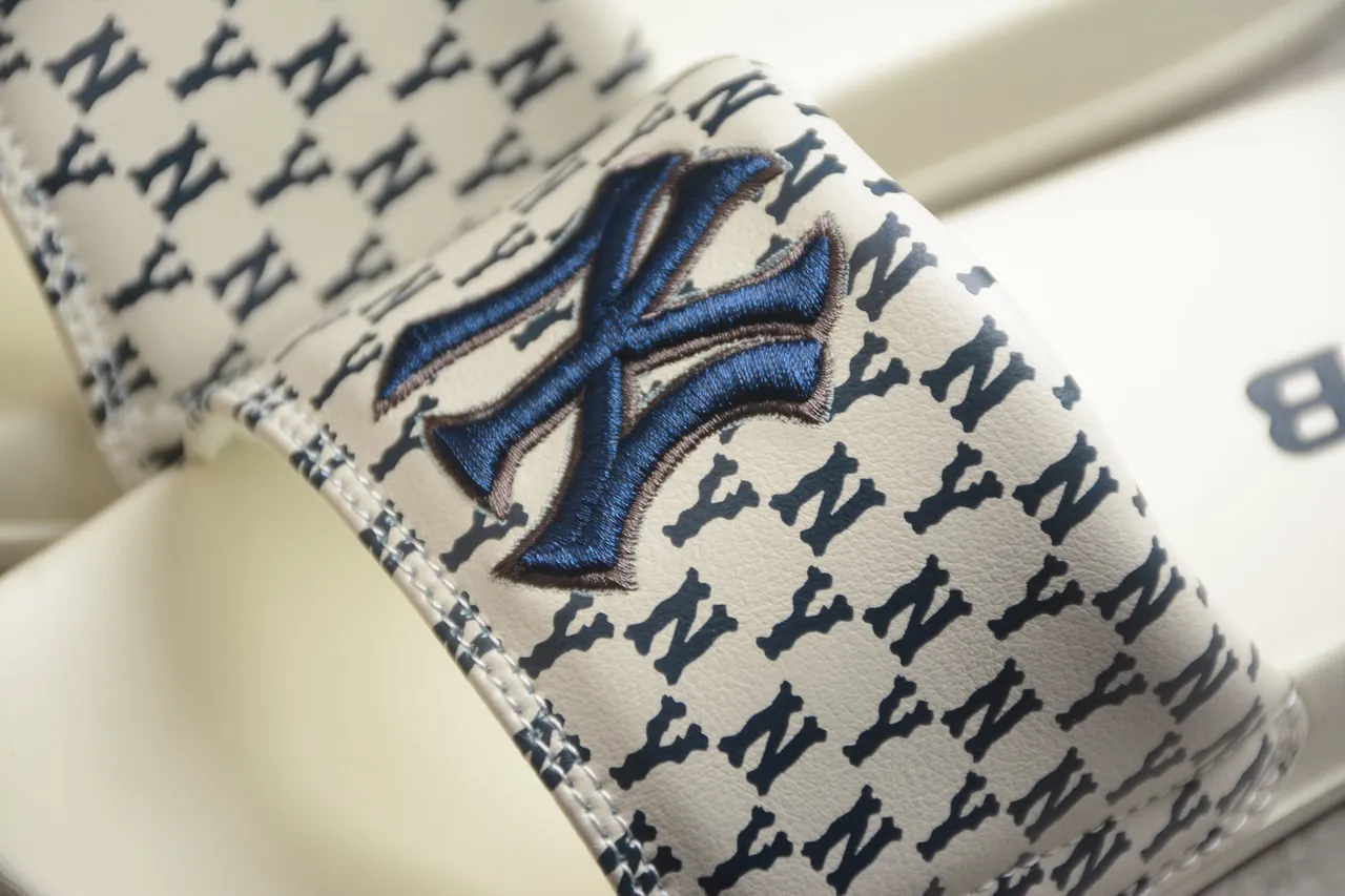 Beige Navy Monogram-Print Strap Molded Sole Slippers 6