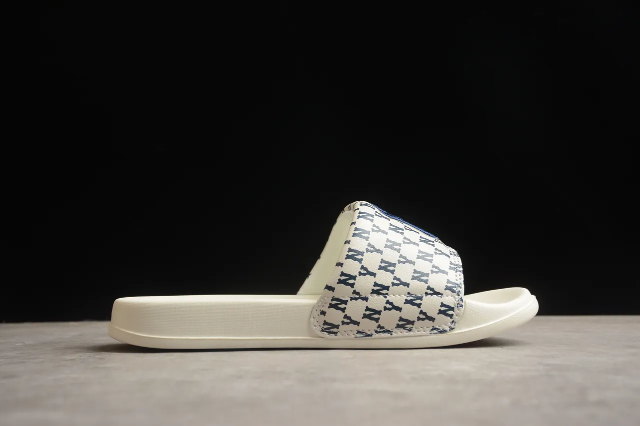 Beige Navy Monogram-Print Strap Molded Sole Slippers 12