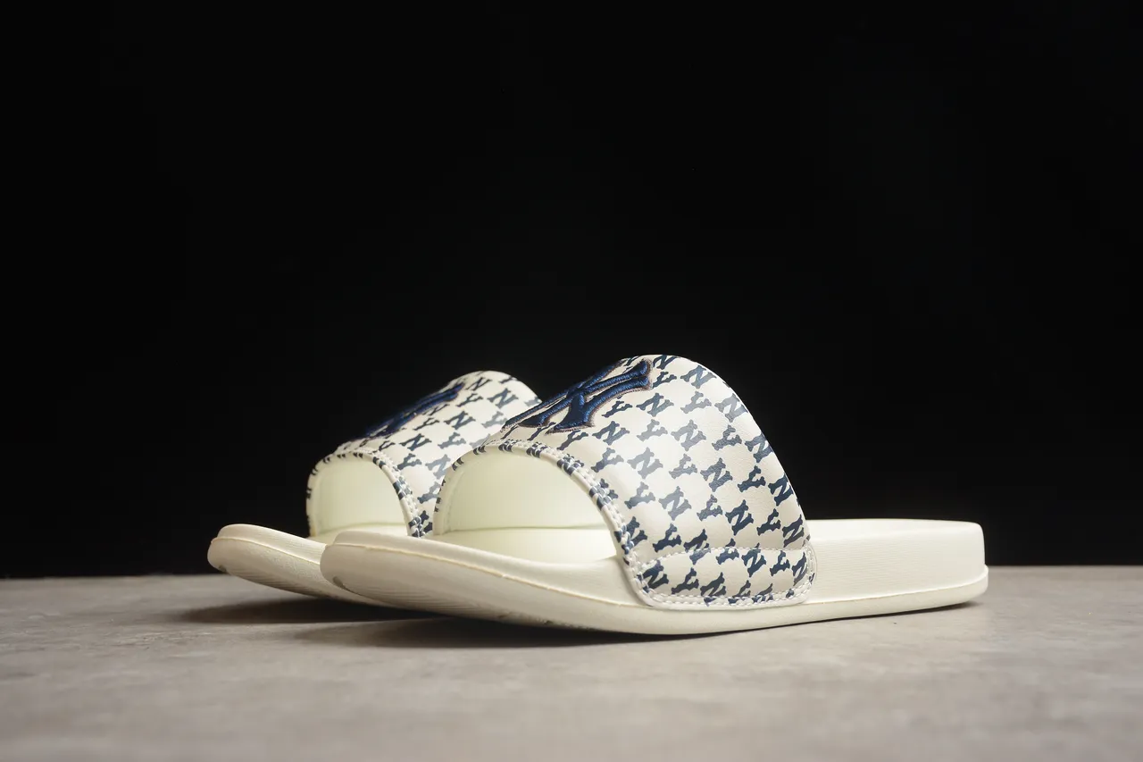 Beige Navy Monogram-Print Strap Molded Sole Slippers 13