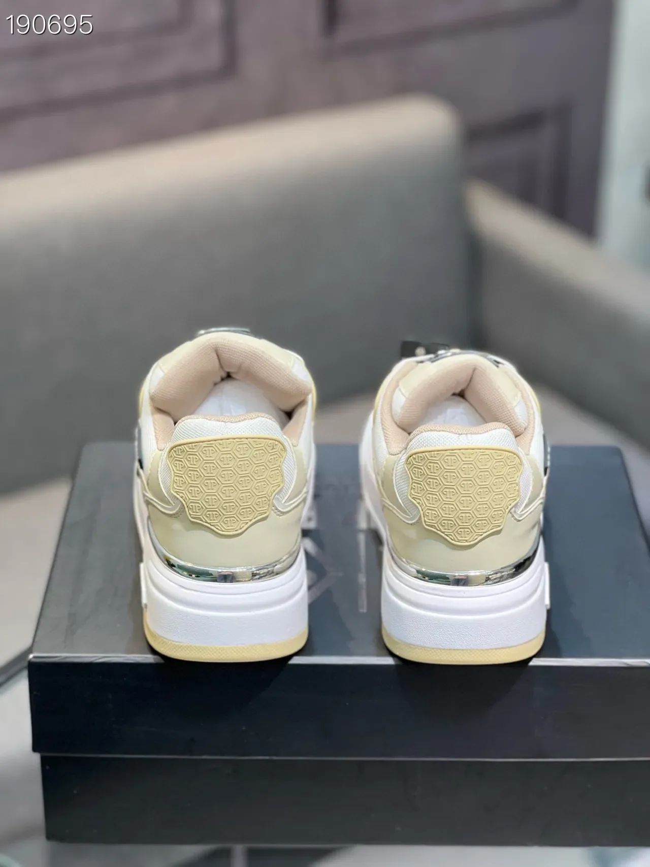 Beige White Platform Sole Mixed-Material Upper Sneakers 2