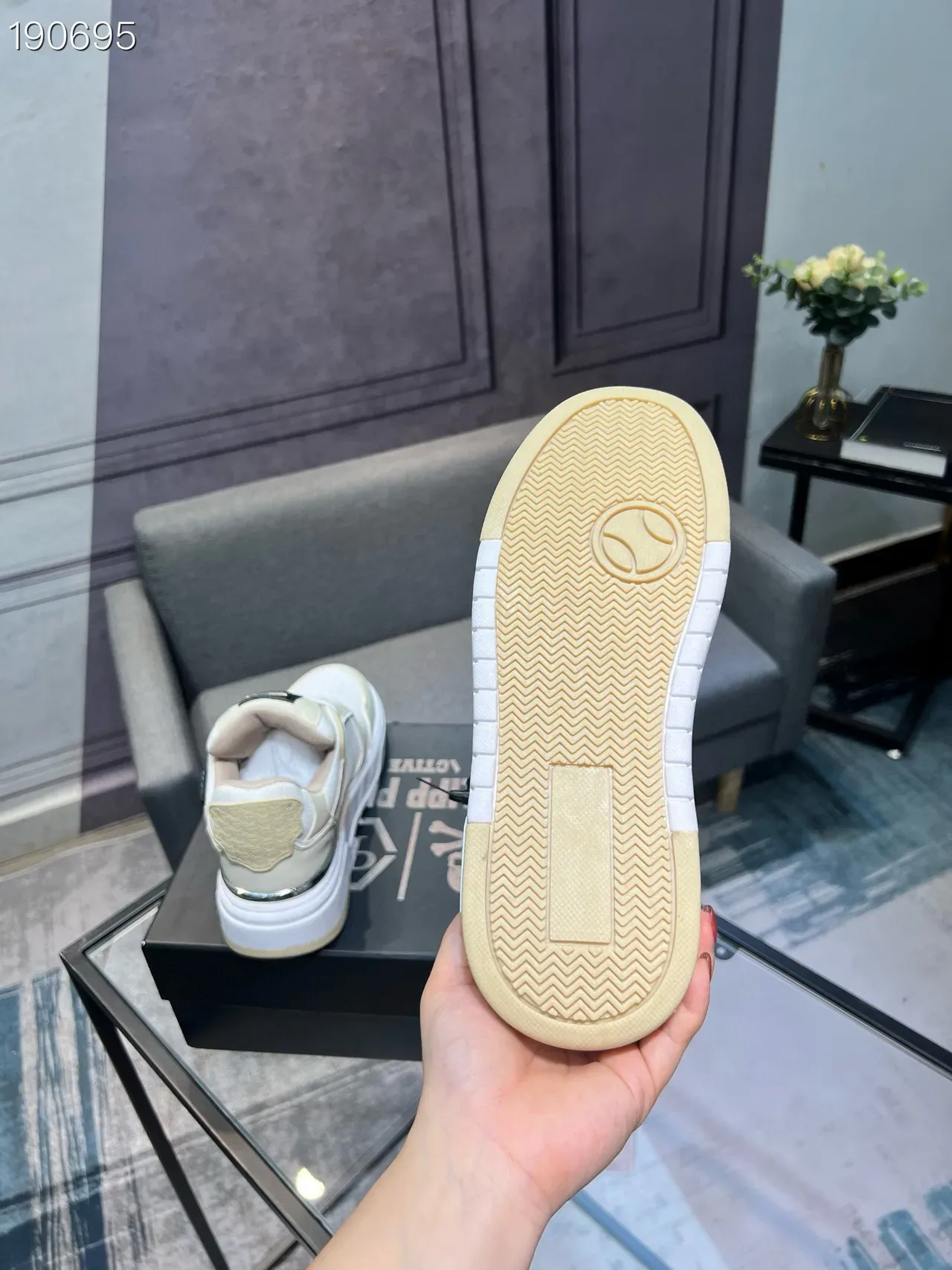 Beige White Platform Sole Mixed-Material Upper Sneakers 3