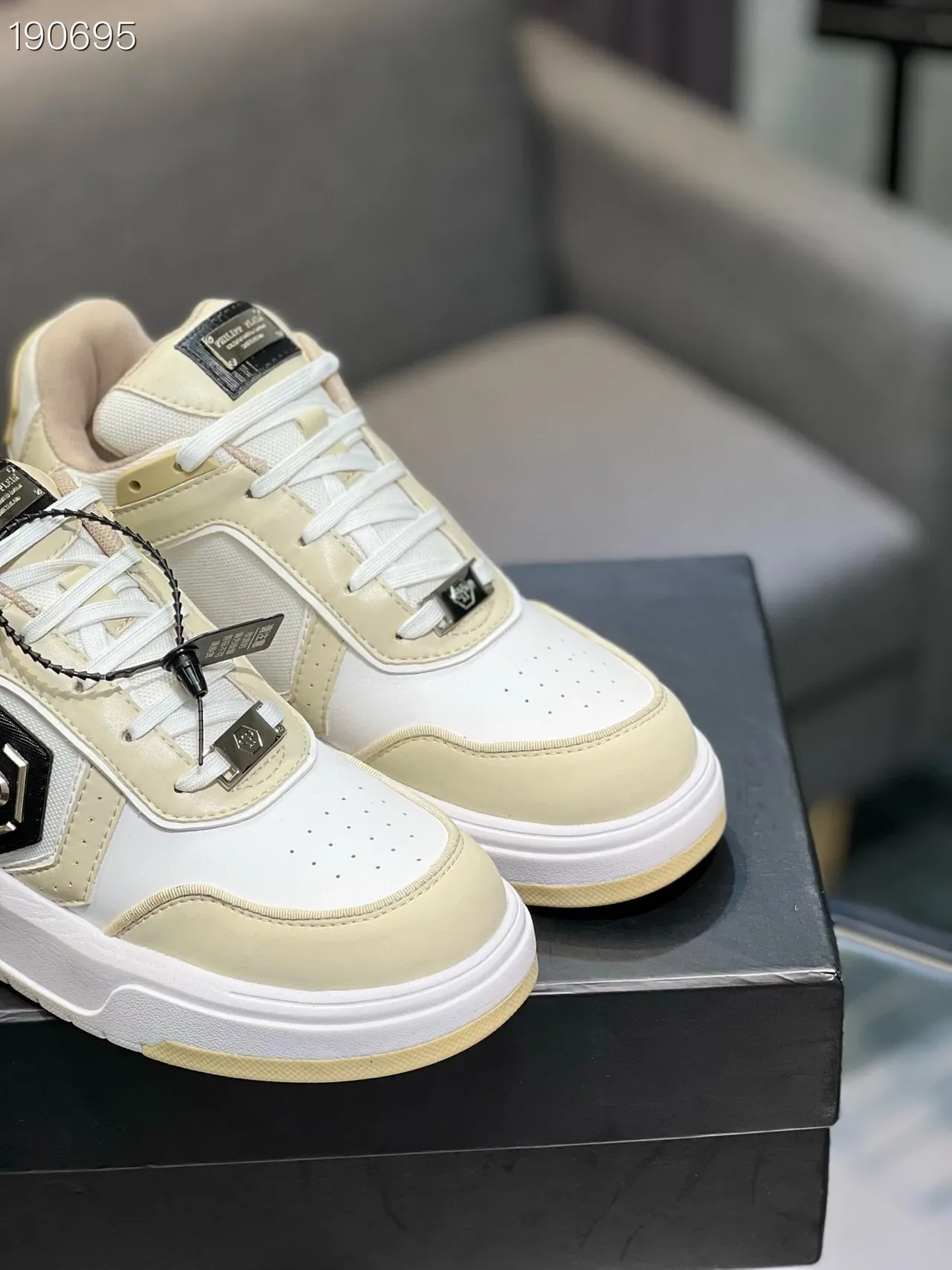 Beige White Platform Sole Mixed-Material Upper Sneakers 5