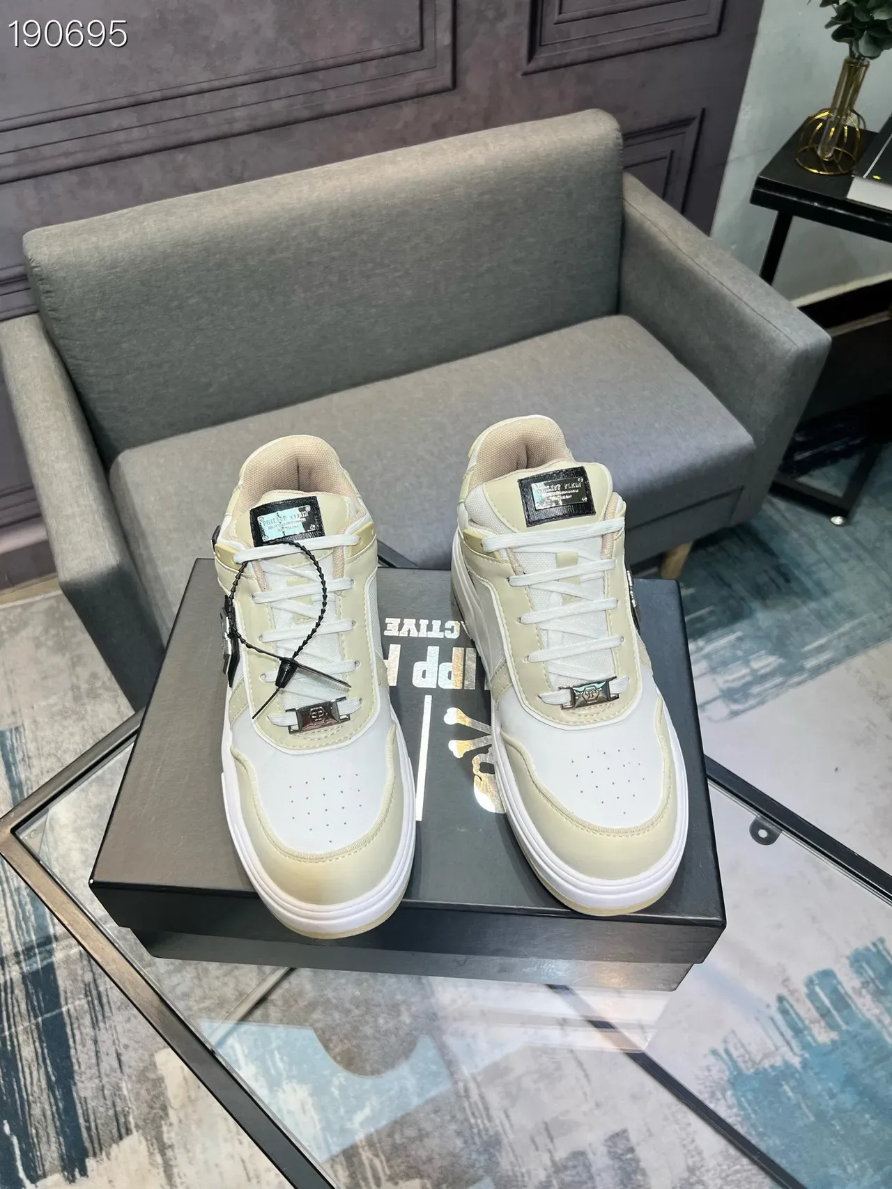 Beige White Platform Sole Mixed-Material Upper Sneakers 6