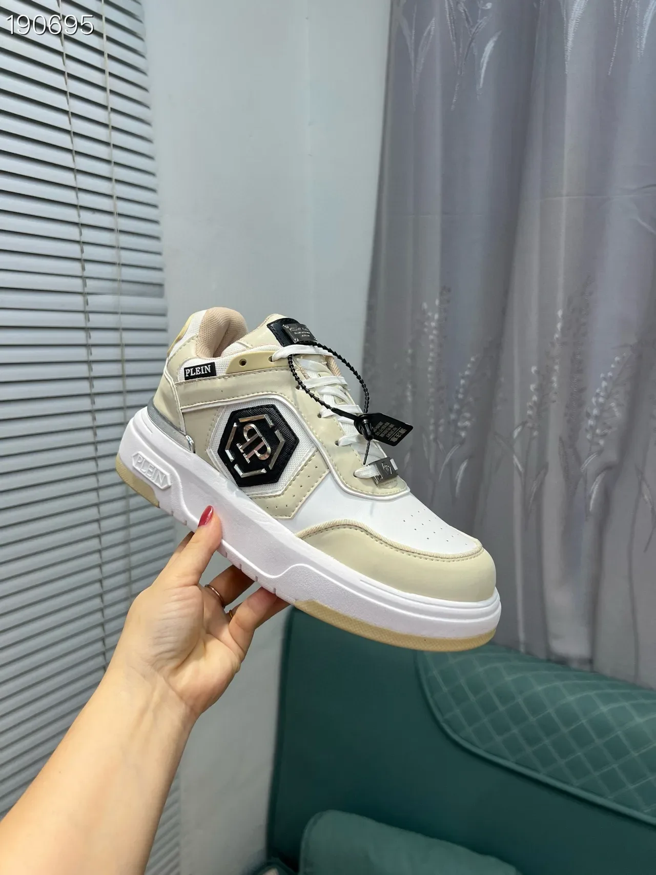 Beige White Platform Sole Mixed-Material Upper Sneakers 7