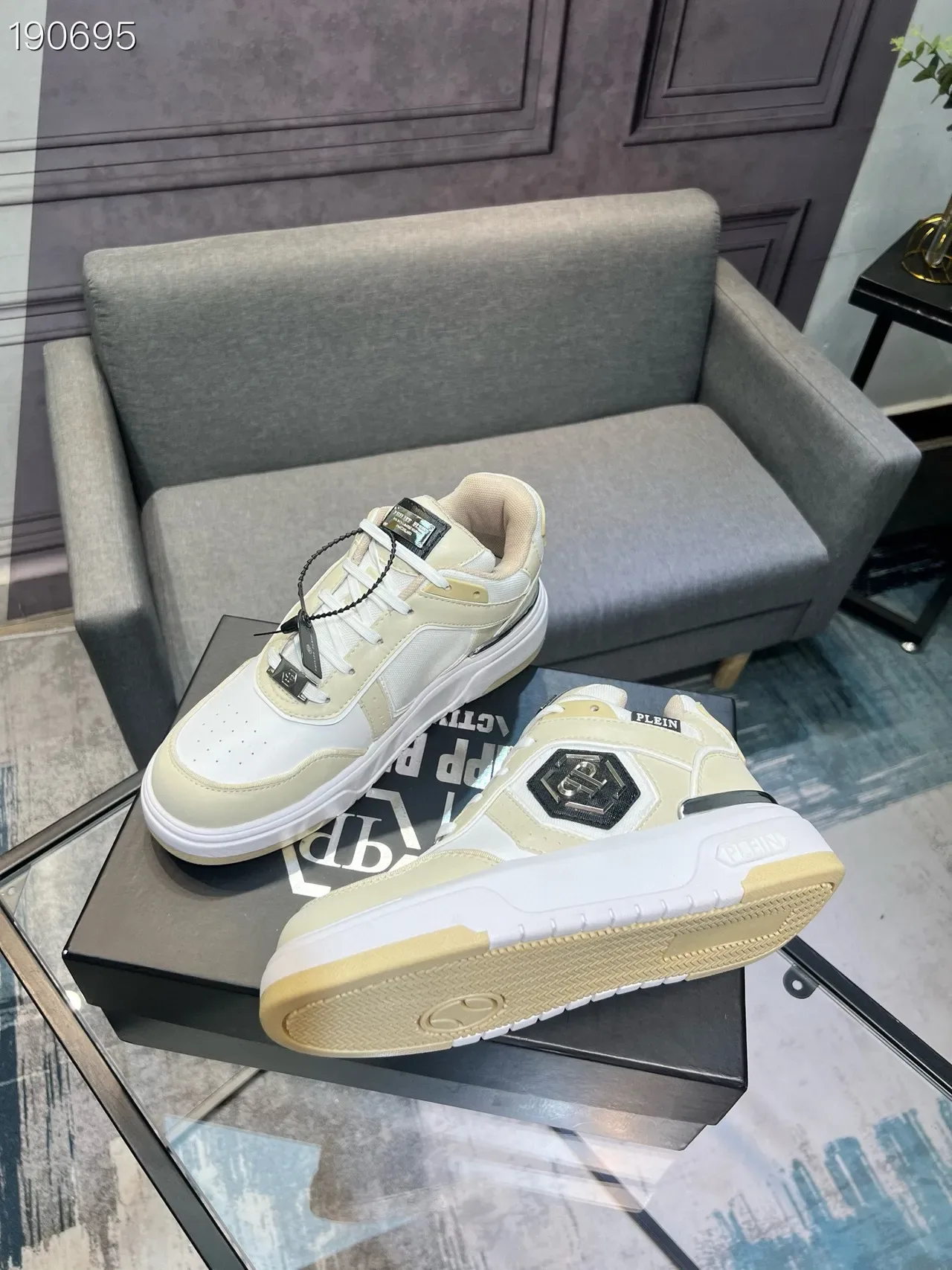 Beige White Platform Sole Mixed-Material Upper Sneakers 8