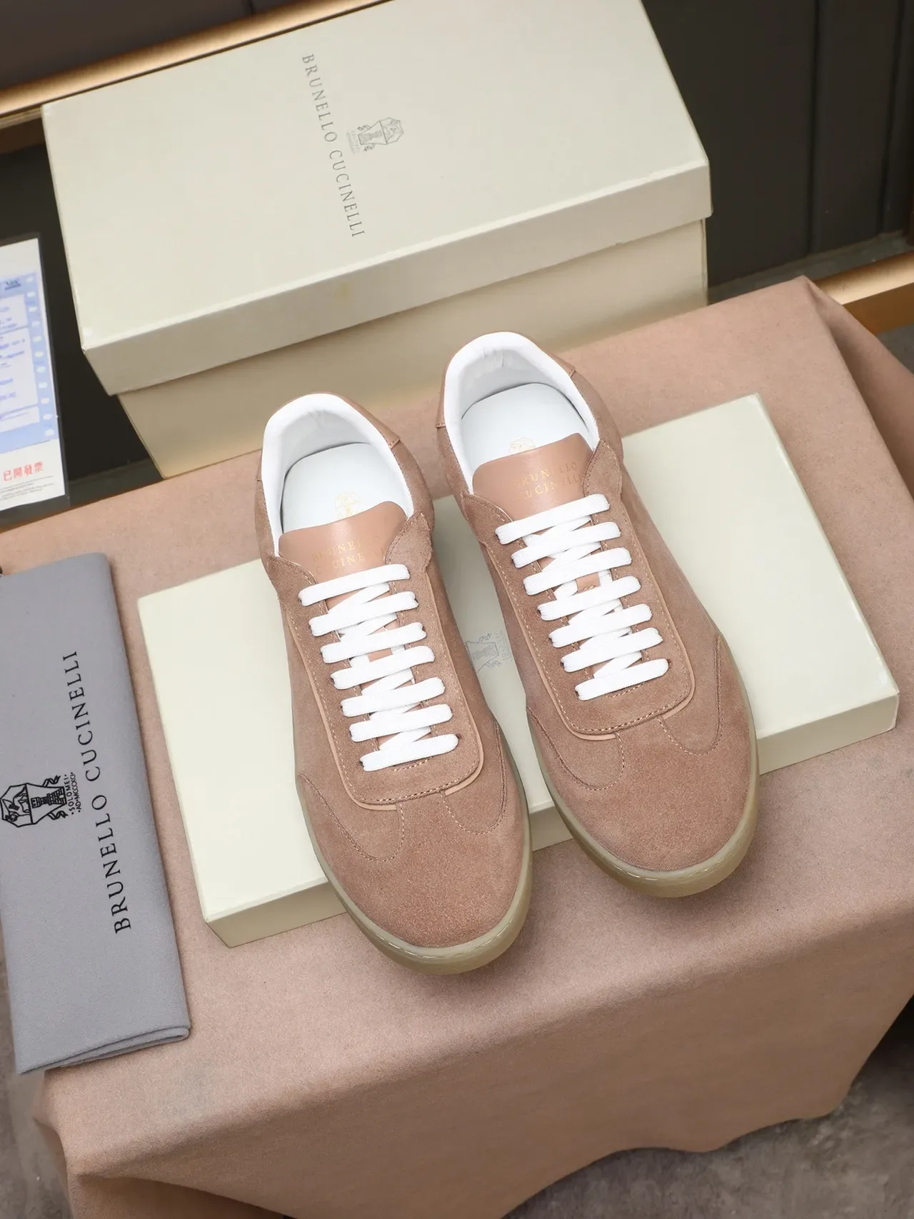 Beige White Suede Upper Minimalist Low-Top Sneakers 2