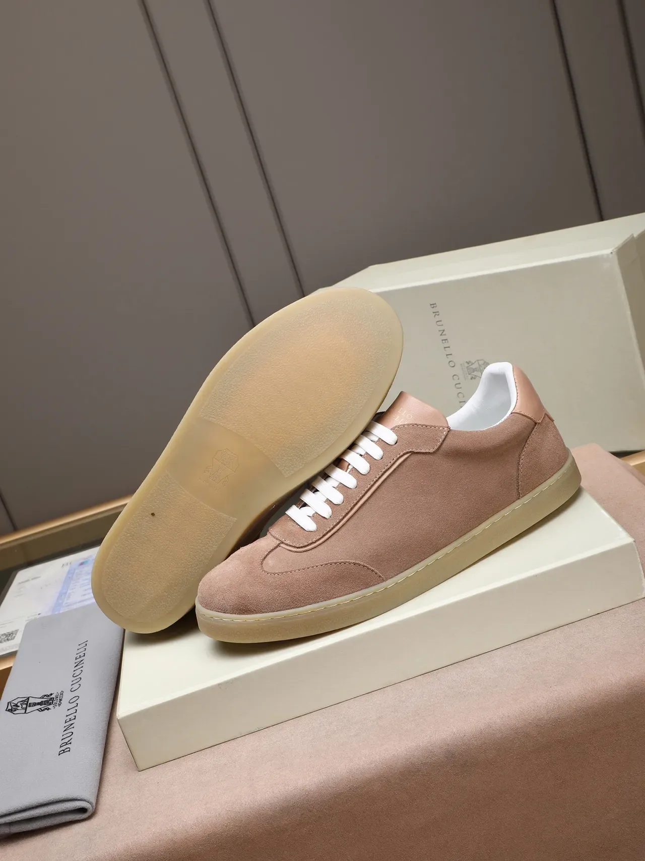 Beige White Suede Upper Minimalist Low-Top Sneakers 4
