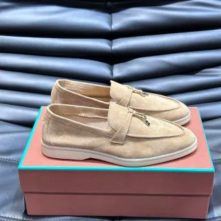 米色白色麂皮鞋面流苏带乐福鞋
