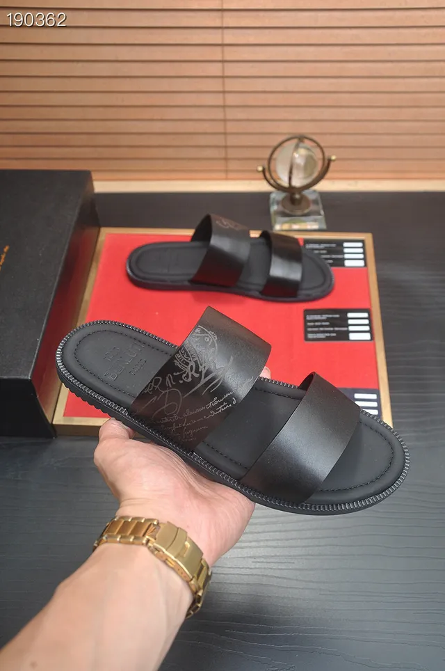 Berluti Black Leather Dual-Strap Slipper Slippers 7