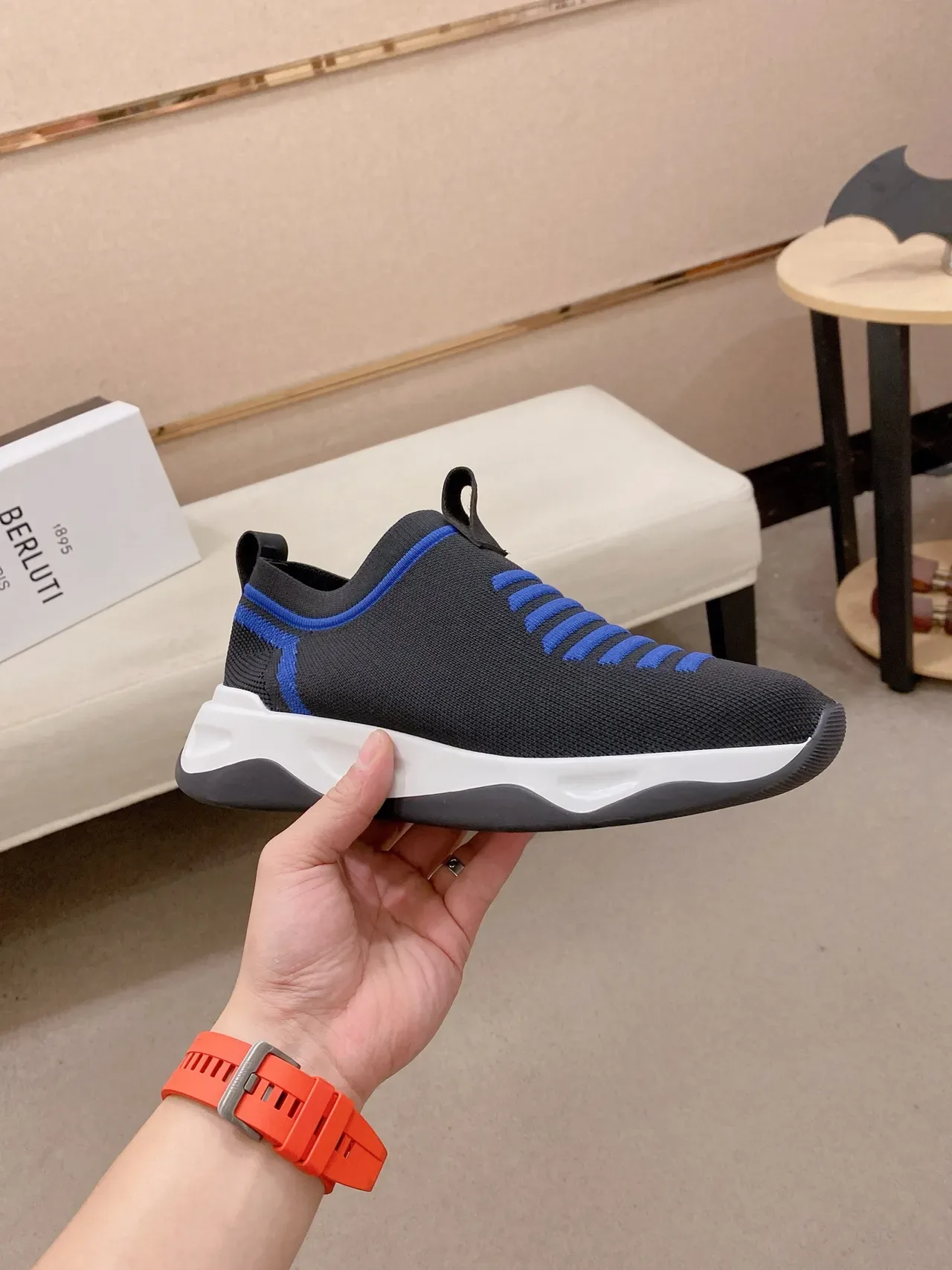 Black and Royal Blue Knit Slip-On Sneaker 5