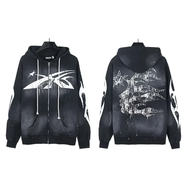 Black and White Graphic-Print Oversized Zip-Up Hoodie 2