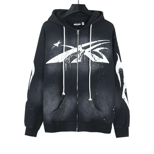 Black and White Graphic-Print Oversized Zip-Up Hoodie 3
