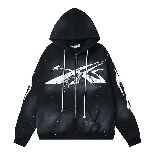 Black and White Graphic-Print Oversized Zip-Up Hoodie 5