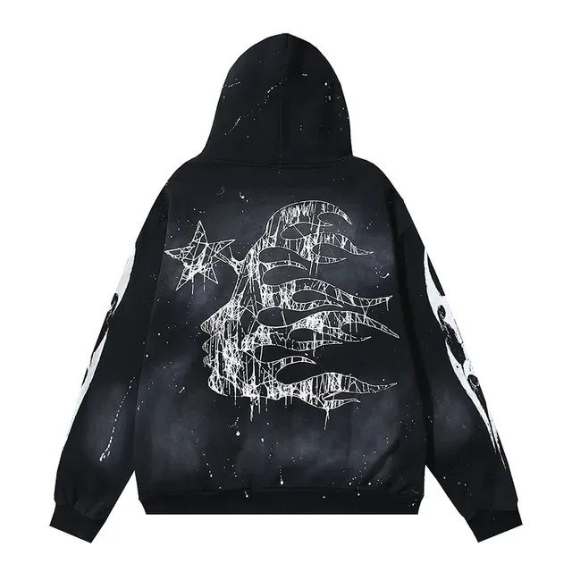 Black and White Graphic-Print Oversized Zip-Up Hoodie 6