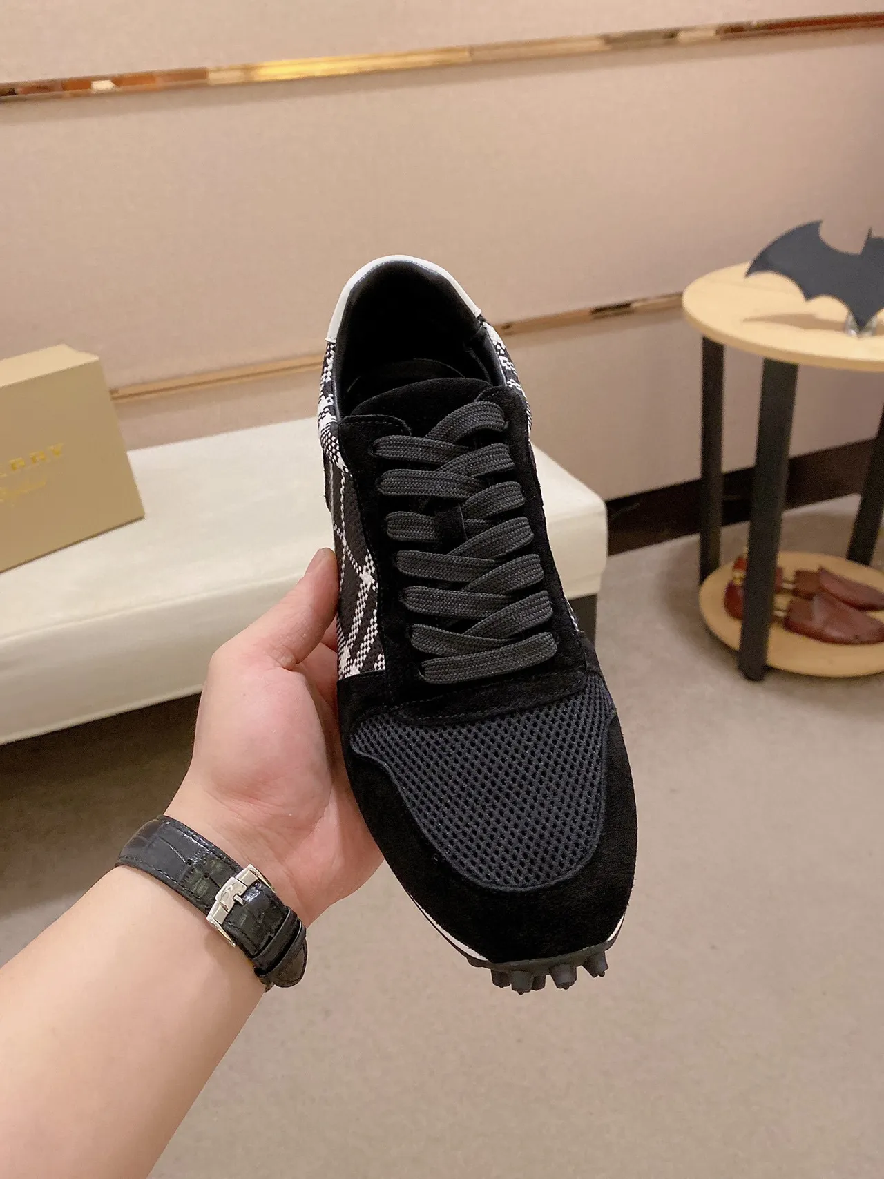Black and White Plaid Panel Retro Runner Sneaker 8