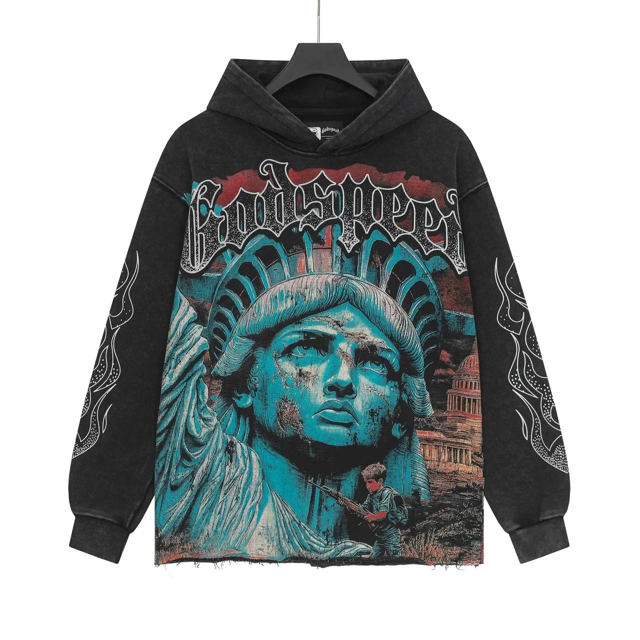 Black Beige Graphic-Print Oversized Fit Hoodie 2