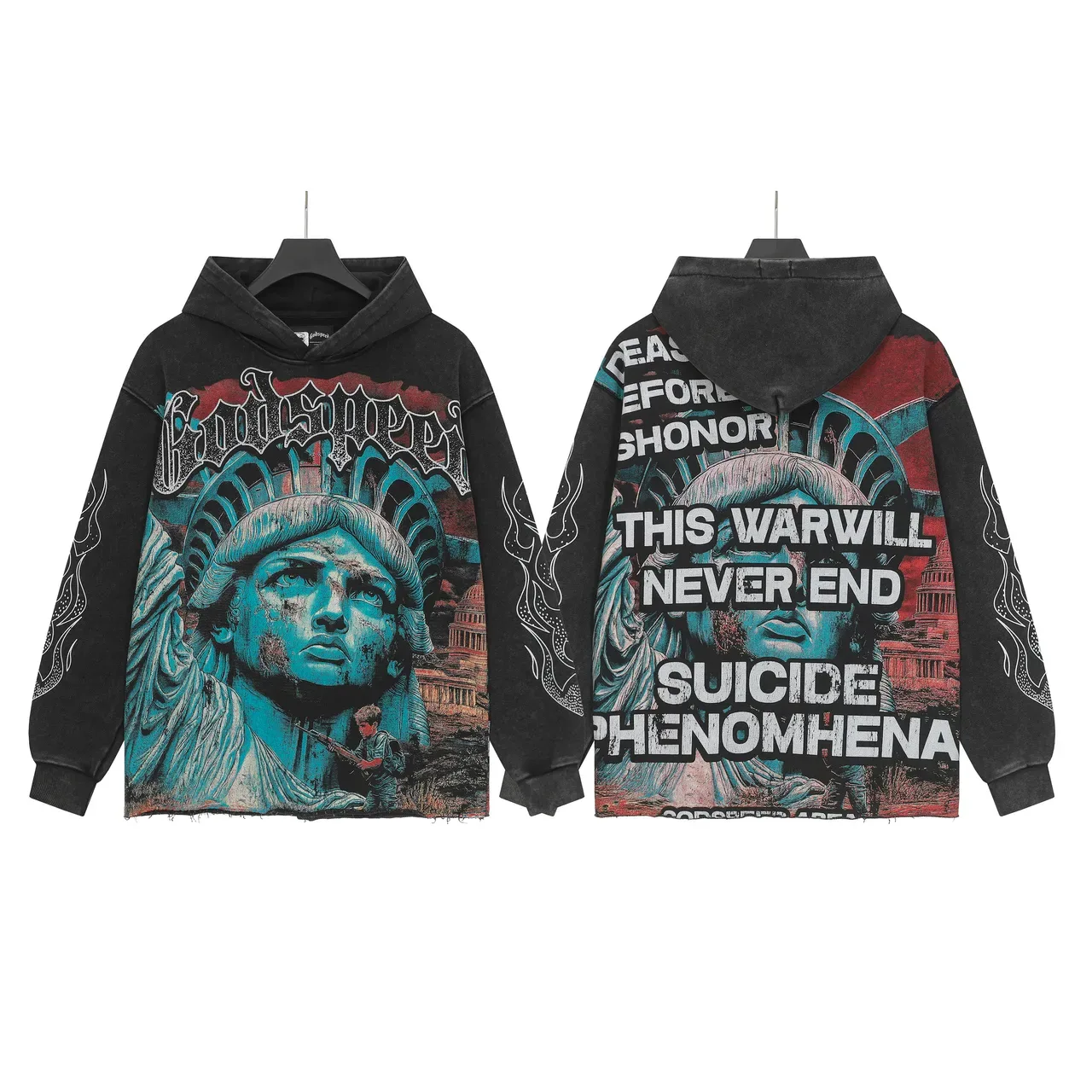 Black Beige Graphic-Print Oversized Fit Hoodie 4