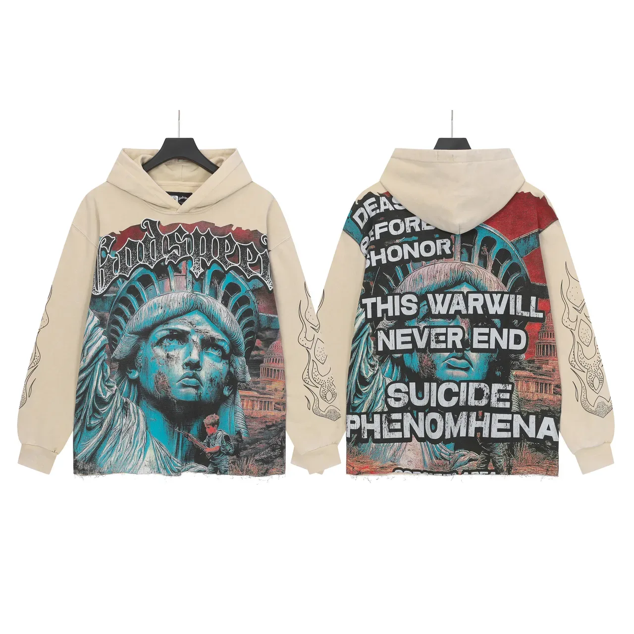 Black Beige Graphic-Print Oversized Fit Hoodie 5