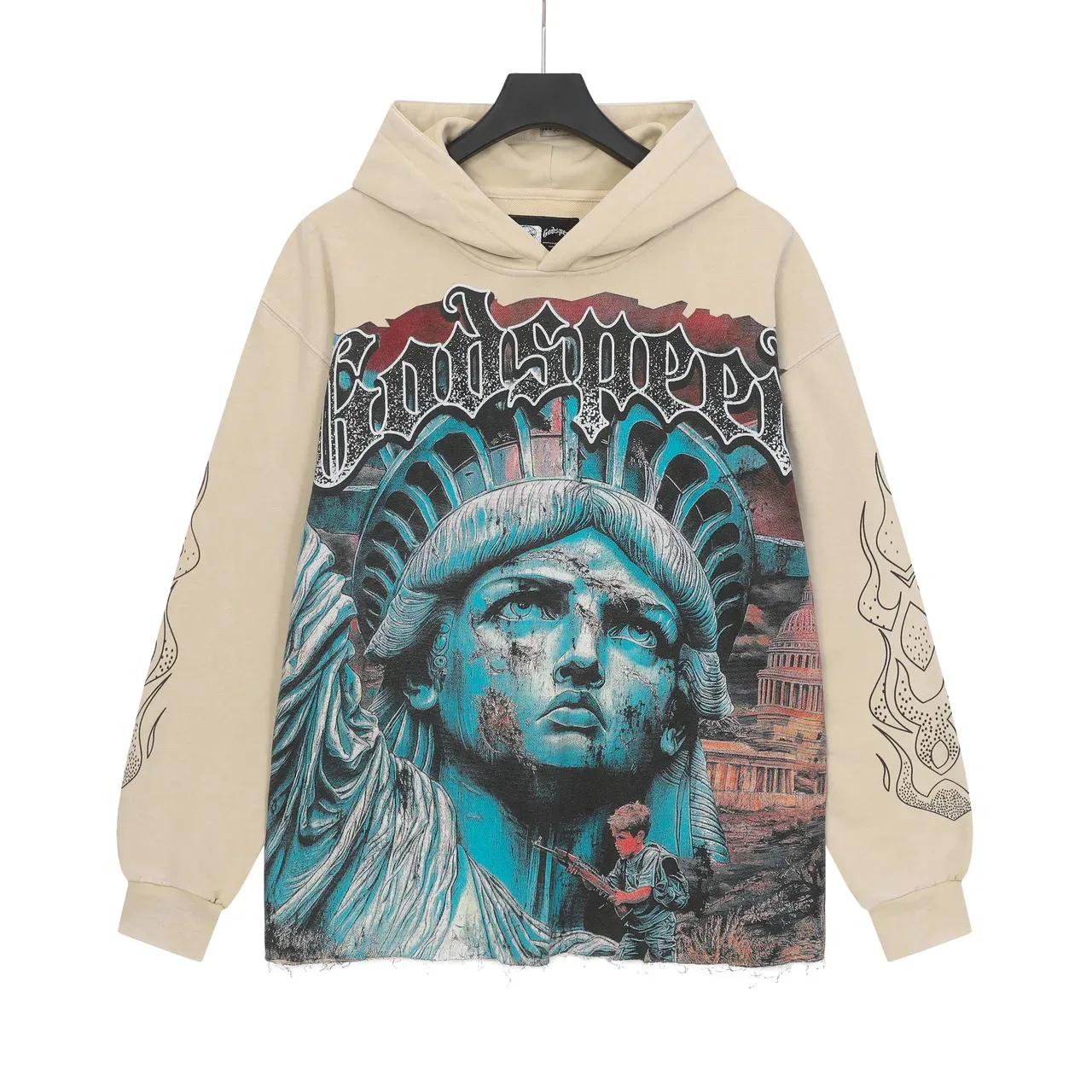 Black Beige Graphic-Print Oversized Fit Hoodie 6