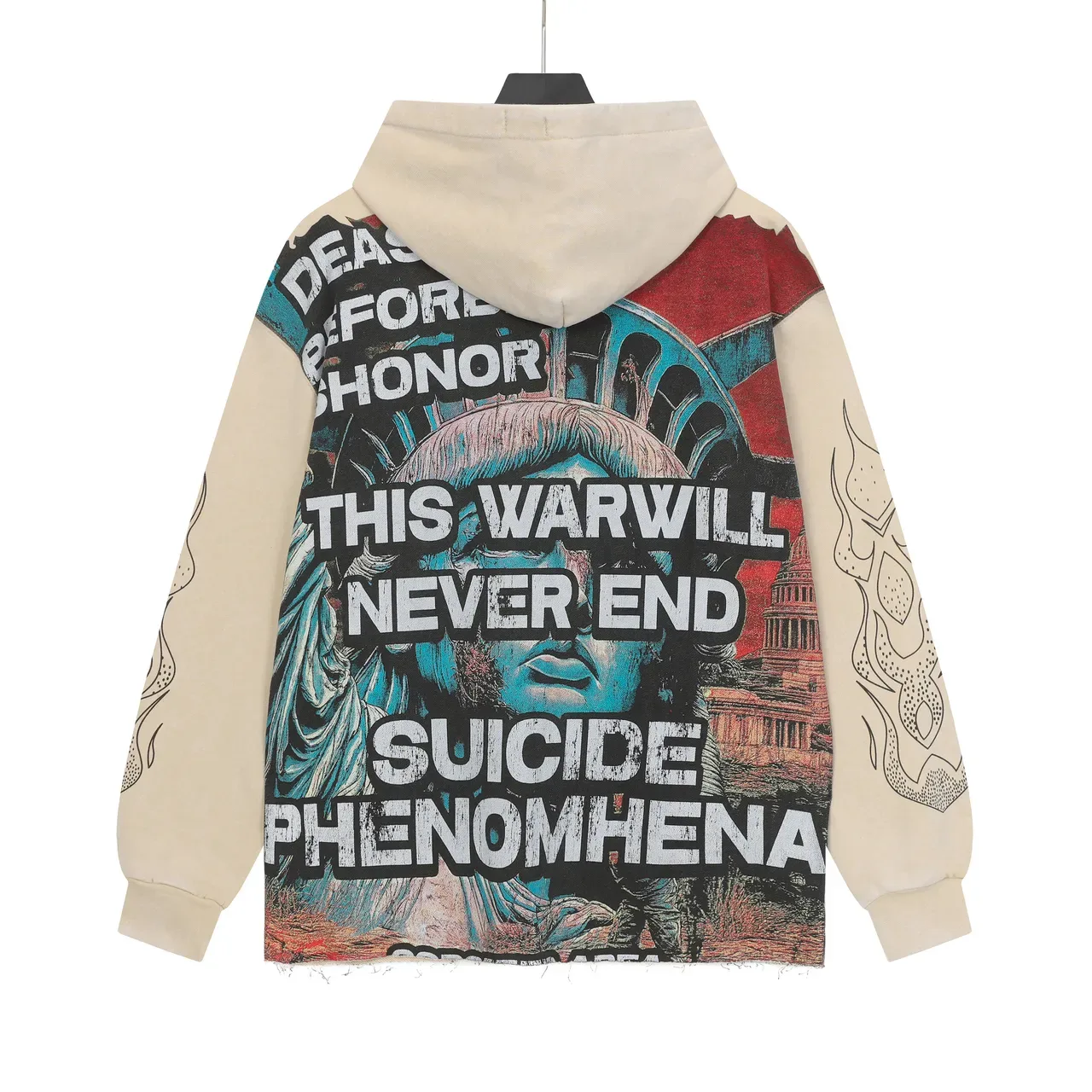Black Beige Graphic-Print Oversized Fit Hoodie 7
