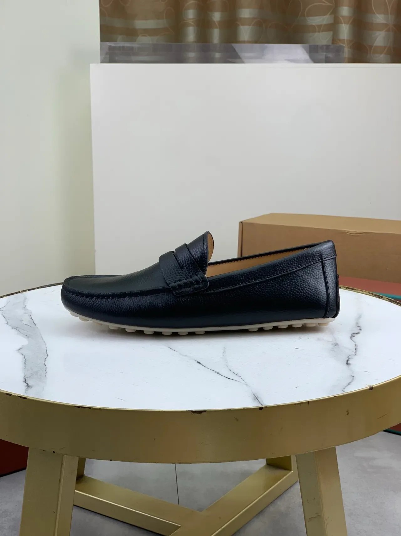 Black Beige Pebbled Leather Penny Strap Loafer 5