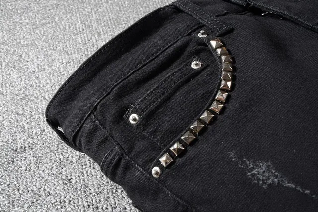 Black Distressed Patchwork Riveted Jeans 7