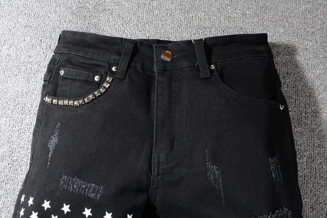 Black Distressed Patchwork Riveted Jeans 13