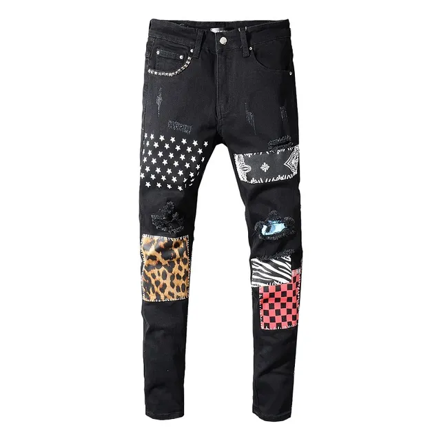 Black Distressed Patchwork Riveted Jeans 15