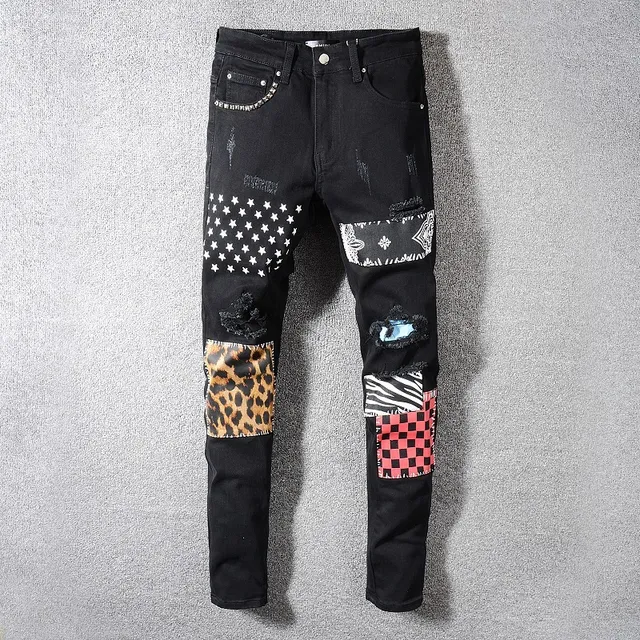 Black Distressed Patchwork Riveted Jeans 16