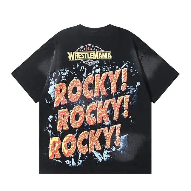 Black Double-Sided Graphic Print WWE WrestleMania Bull and Rocky T-Shirt 3