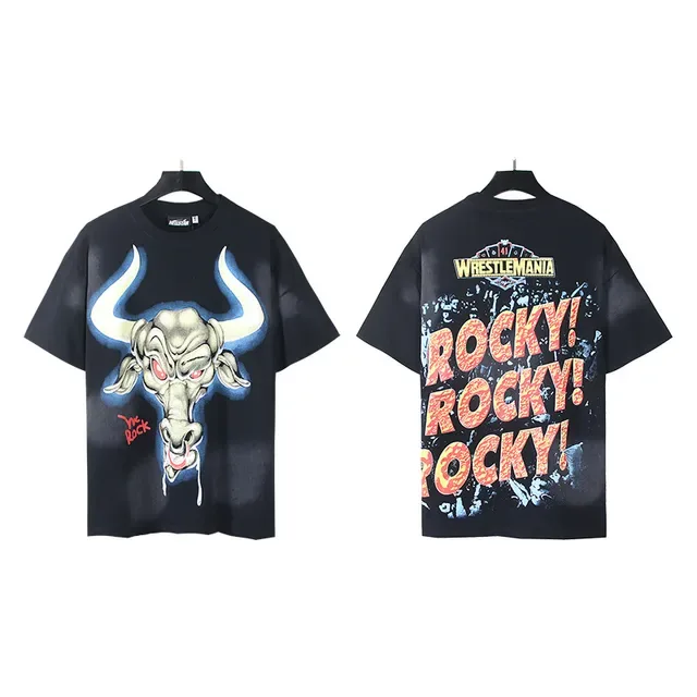 Black Double-Sided Graphic Print WWE WrestleMania Bull and Rocky T-Shirt 4