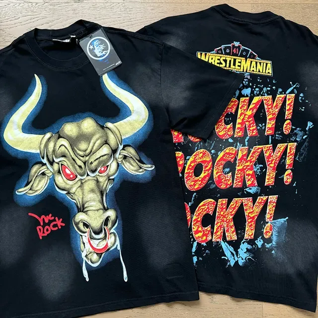 Black Double-Sided Graphic Print WWE WrestleMania Bull and Rocky T-Shirt 7