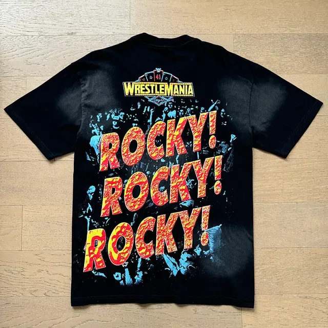 Black Double-Sided Graphic Print WWE WrestleMania Bull and Rocky T-Shirt 10