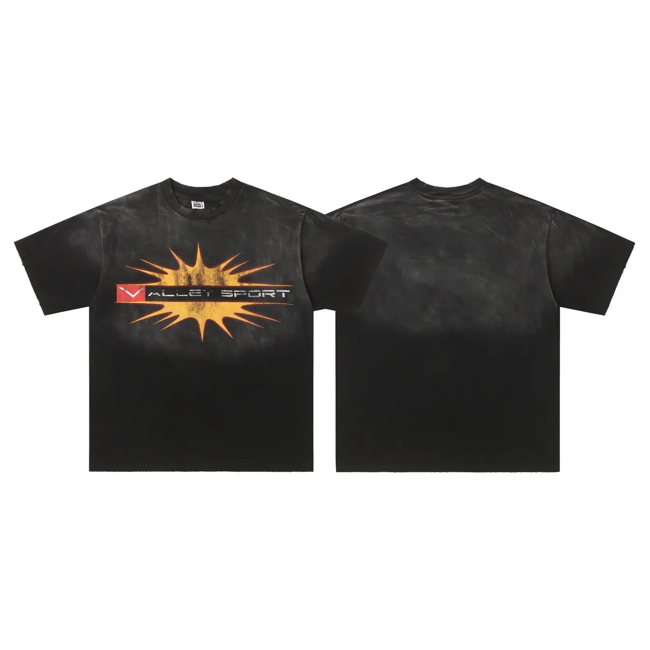 Black Fade-Dyed Graphic Print Sunburst Motif T-Shirt 6