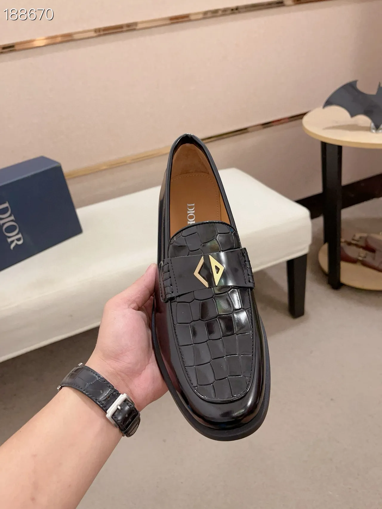 Black Gold Glossy Patent Leather Crocodile-Embossed Strap Loafer 4