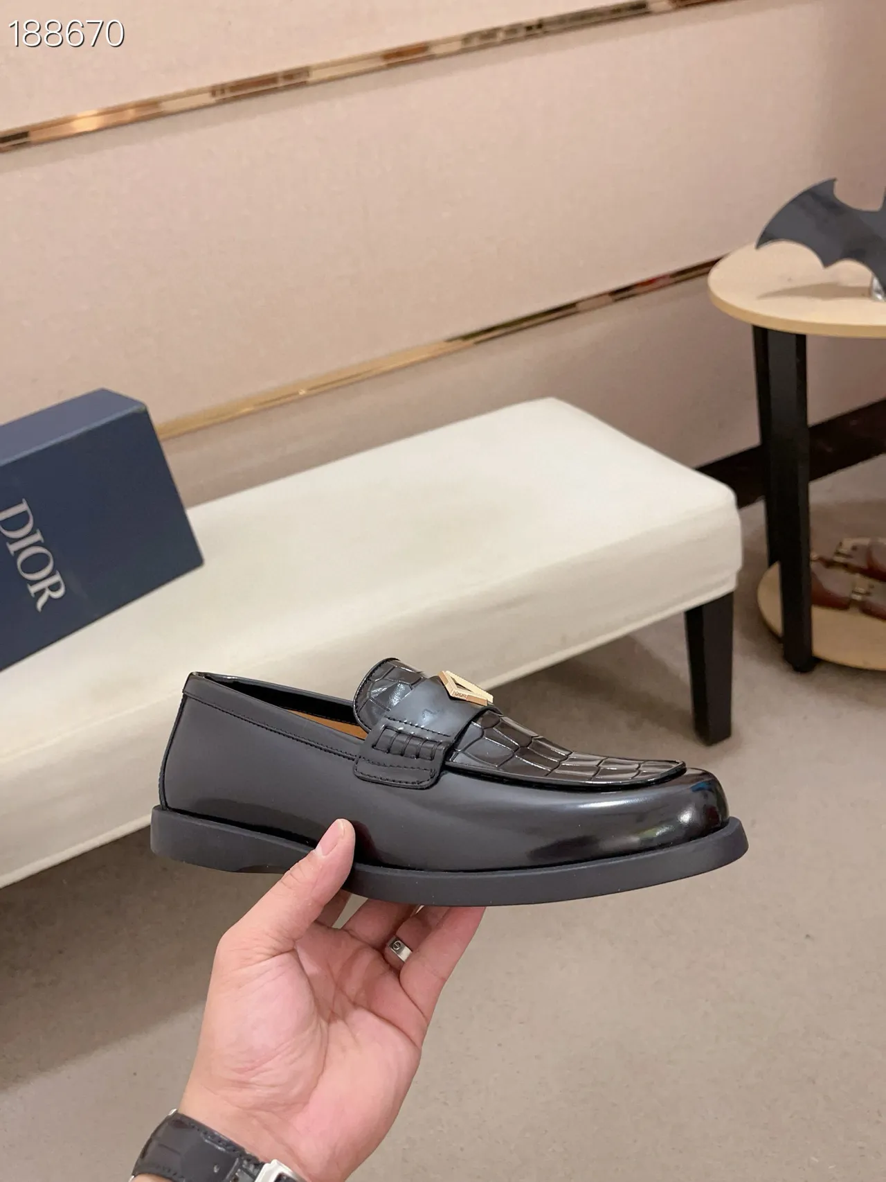 Black Gold Glossy Patent Leather Crocodile-Embossed Strap Loafer 6