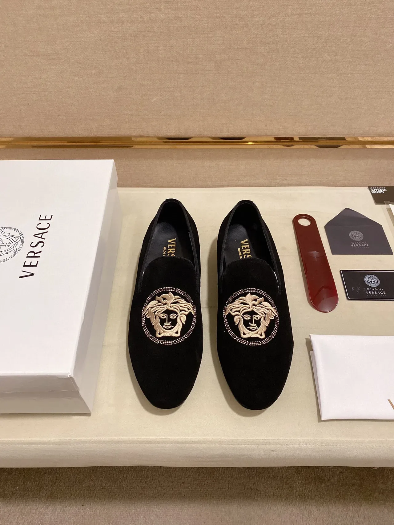 Black Gold Velvet-Like Upper Embroidered Medusa-Style Motif Loafer 3
