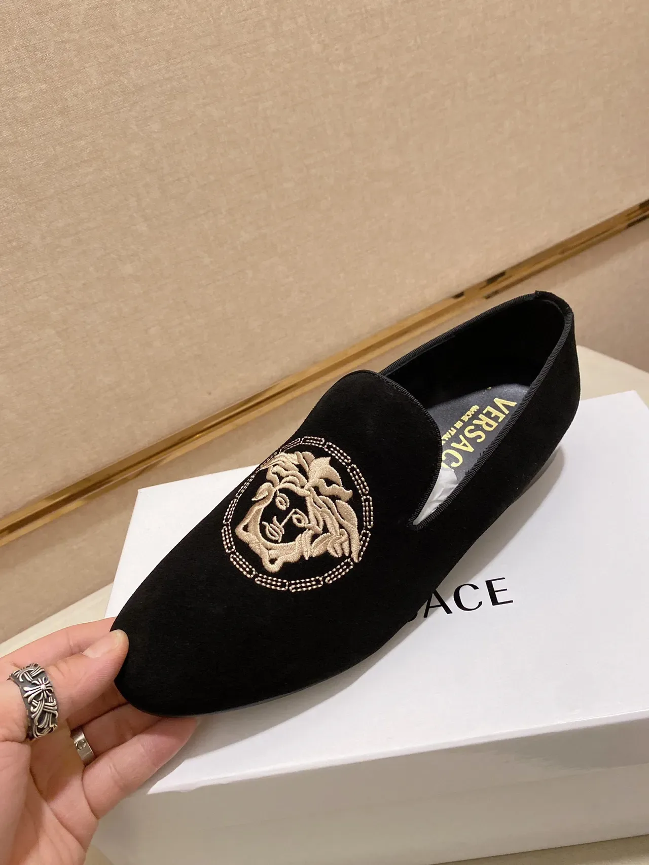 Black Gold Velvet-Like Upper Embroidered Medusa-Style Motif Loafer 4
