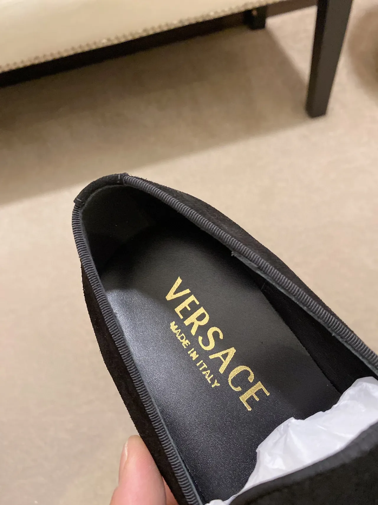 Black Gold Velvet-Like Upper Embroidered Medusa-Style Motif Loafer 5