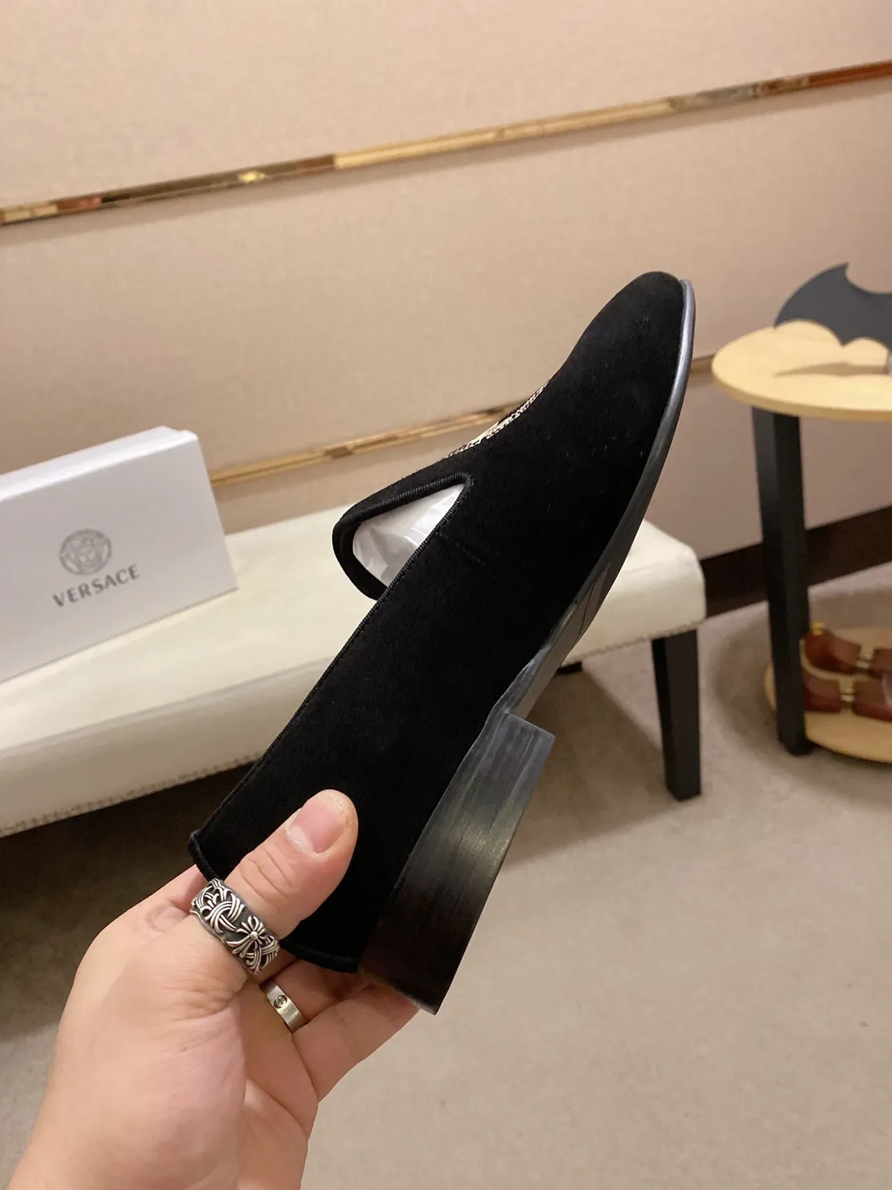 Black Gold Velvet-Like Upper Embroidered Medusa-Style Motif Loafer 6