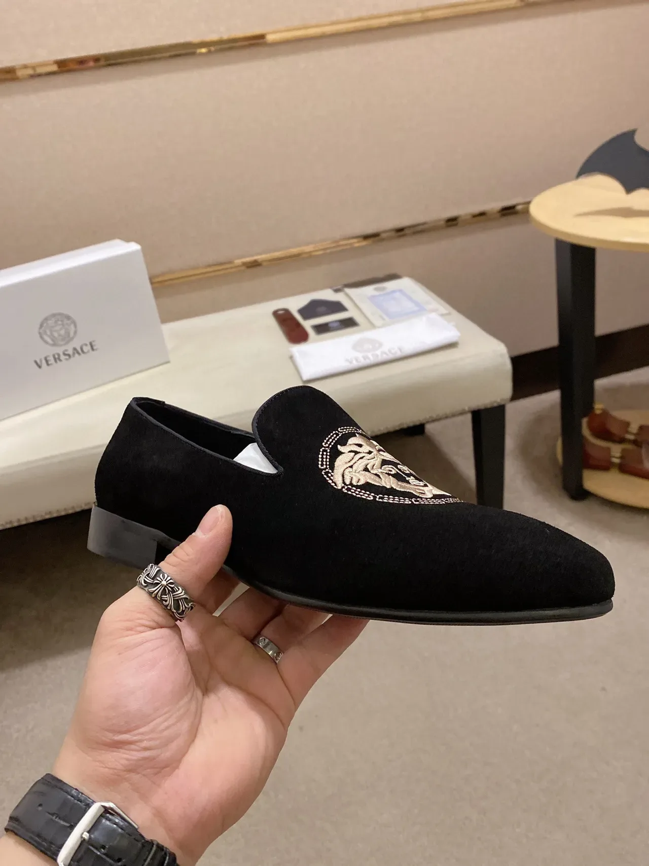 Black Gold Velvet-Like Upper Embroidered Medusa-Style Motif Loafer 7