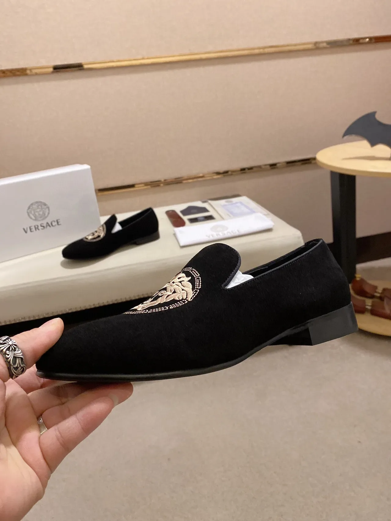 Black Gold Velvet-Like Upper Embroidered Medusa-Style Motif Loafer 8